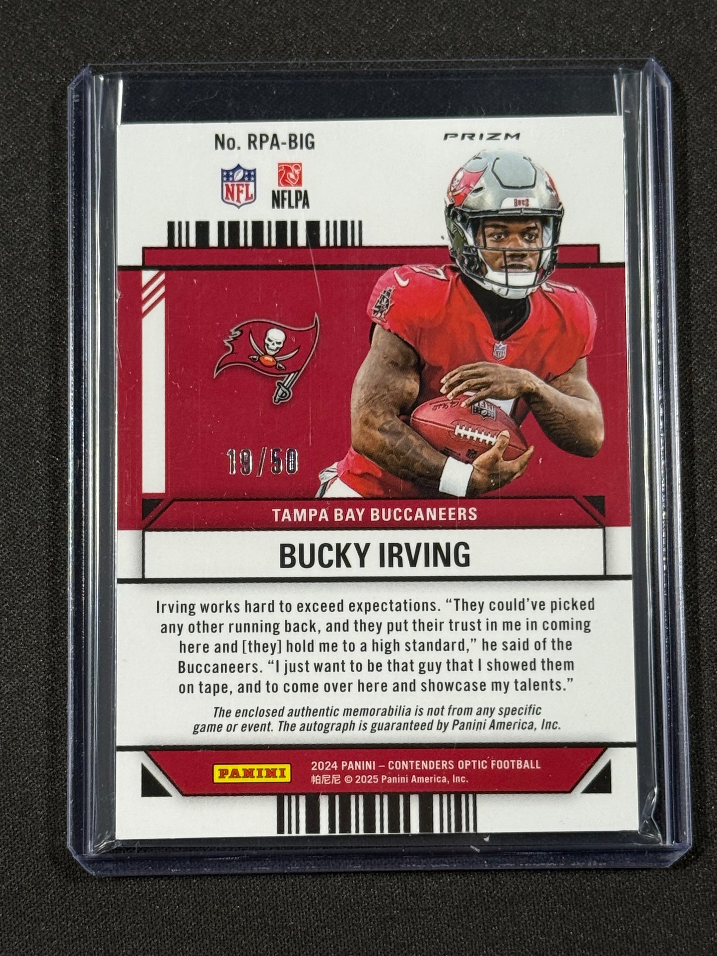 2024 Contenders Optic Bucky Irving RPA Blue Prizm Rookie Patch /50 Tampa Bay