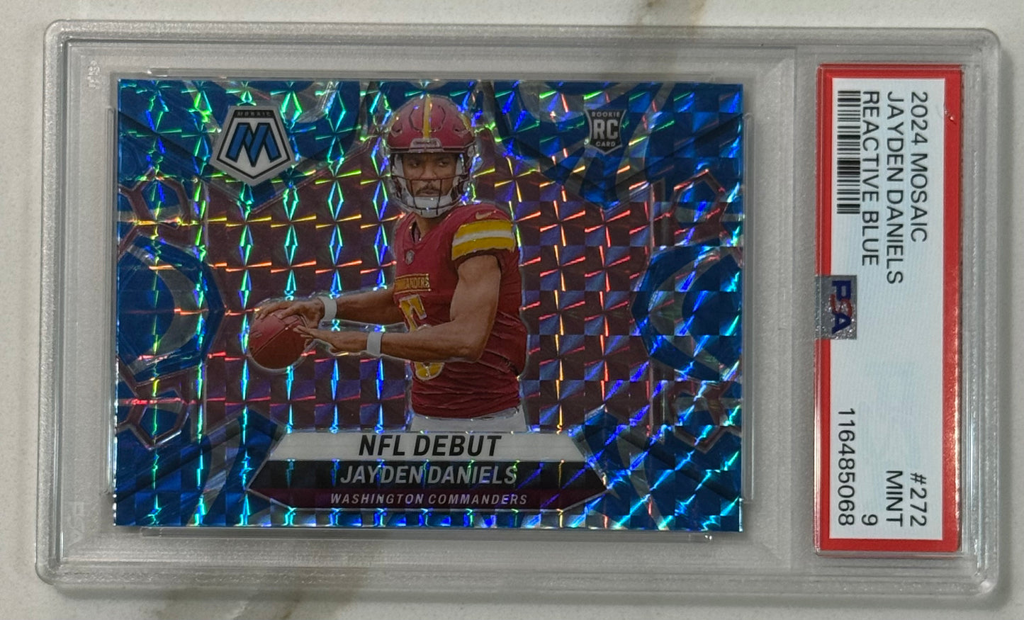 2024 Panini Mosaic Jayden Daniels NFL Debut Reactive Blue Prizm Rookie PSA 9