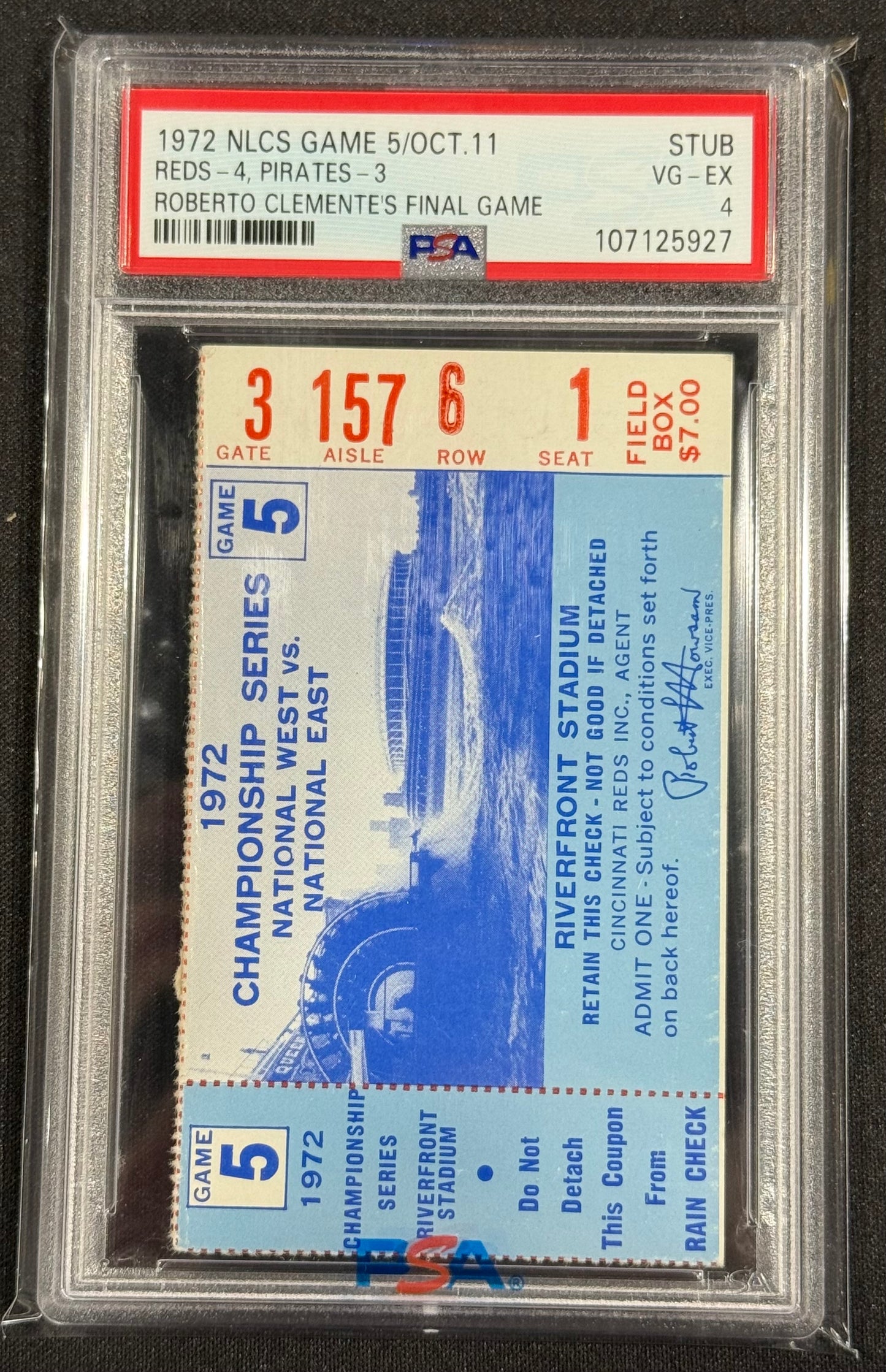 1972 NLCS Game 5 Pirates Reds Tkt. Stub Roberto Clemente's Last Game PSA 4