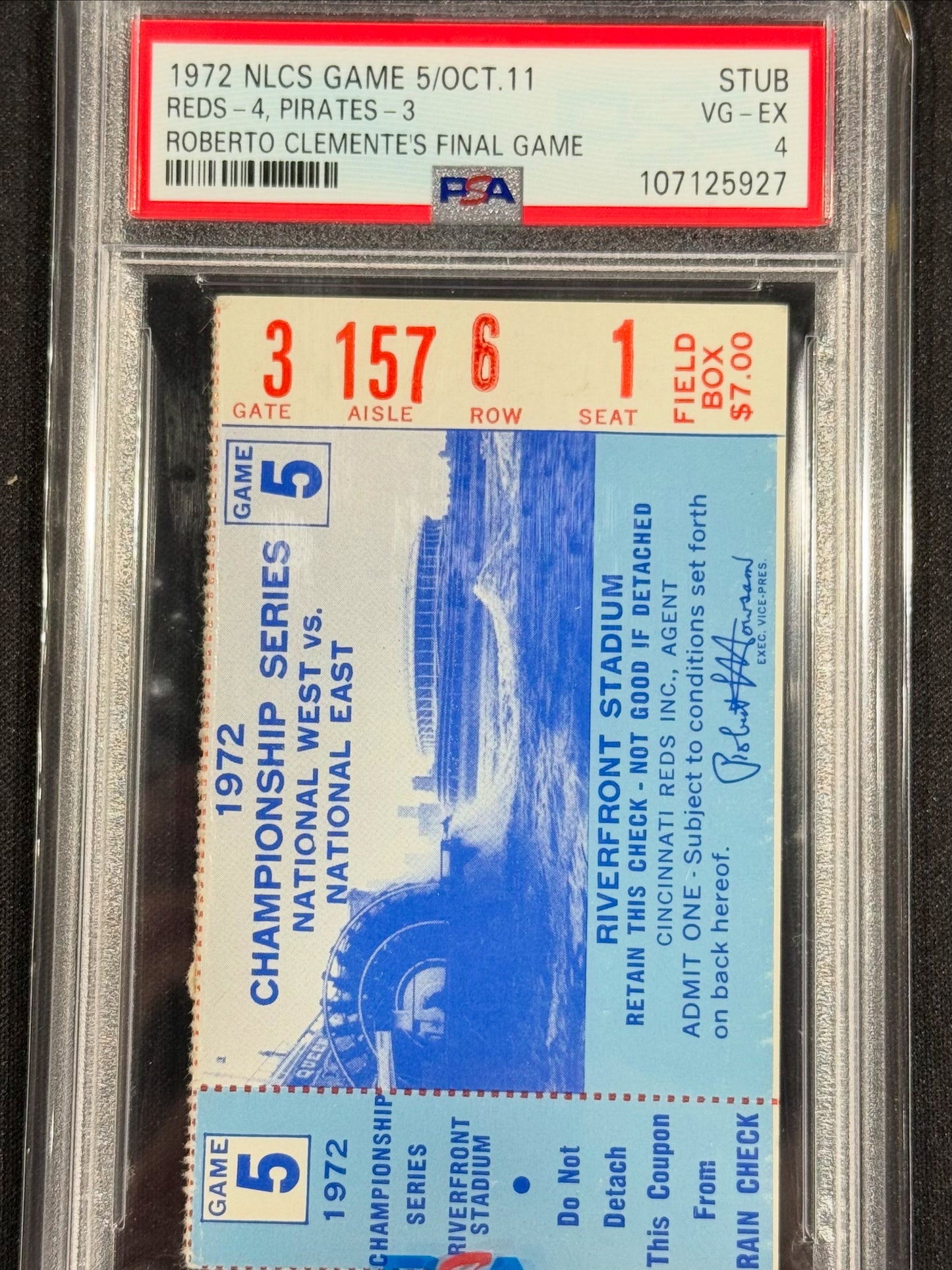 1972 NLCS Game 5 Pirates Reds Tkt. Stub Roberto Clemente's Last Game PSA 4