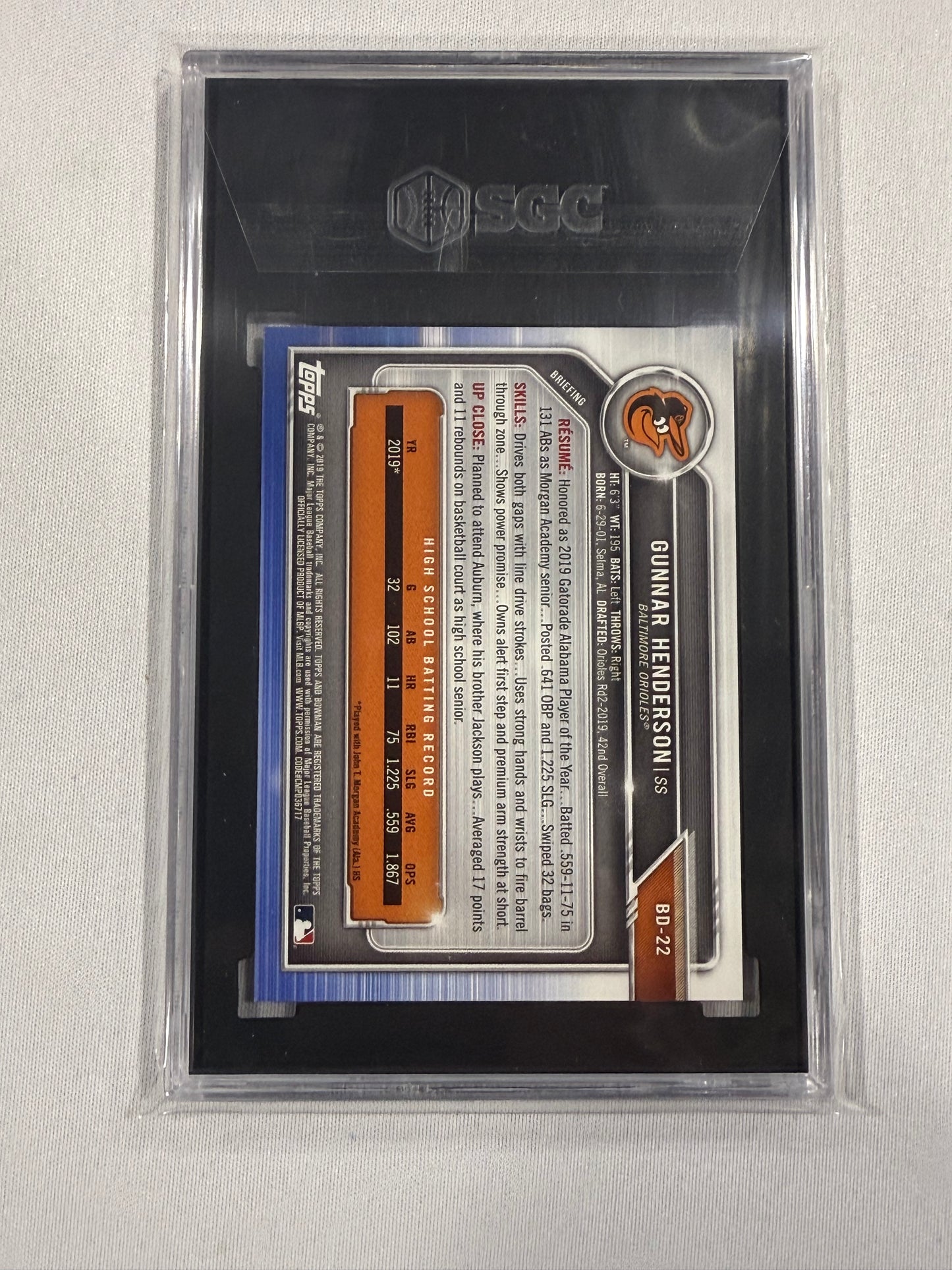 2019 Bowman Draft #BD22 Gunnar Henderson RC SGC 9.5 Baltimore Orioles 01