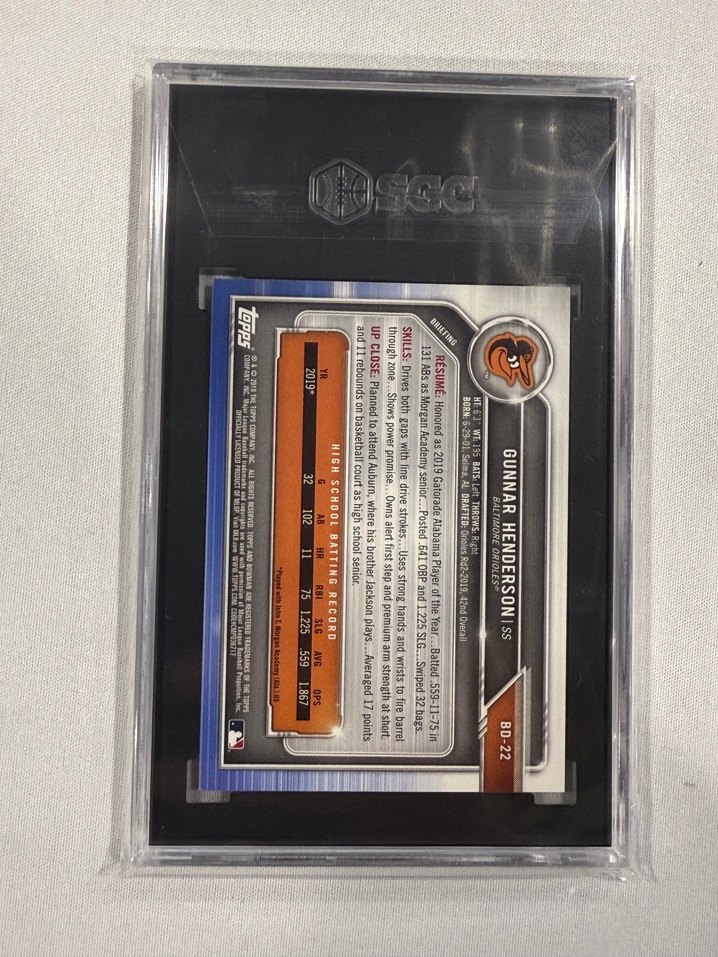 2019 Bowman Draft #BD22 Gunnar Henderson RC SGC 9.5 Baltimore Orioles