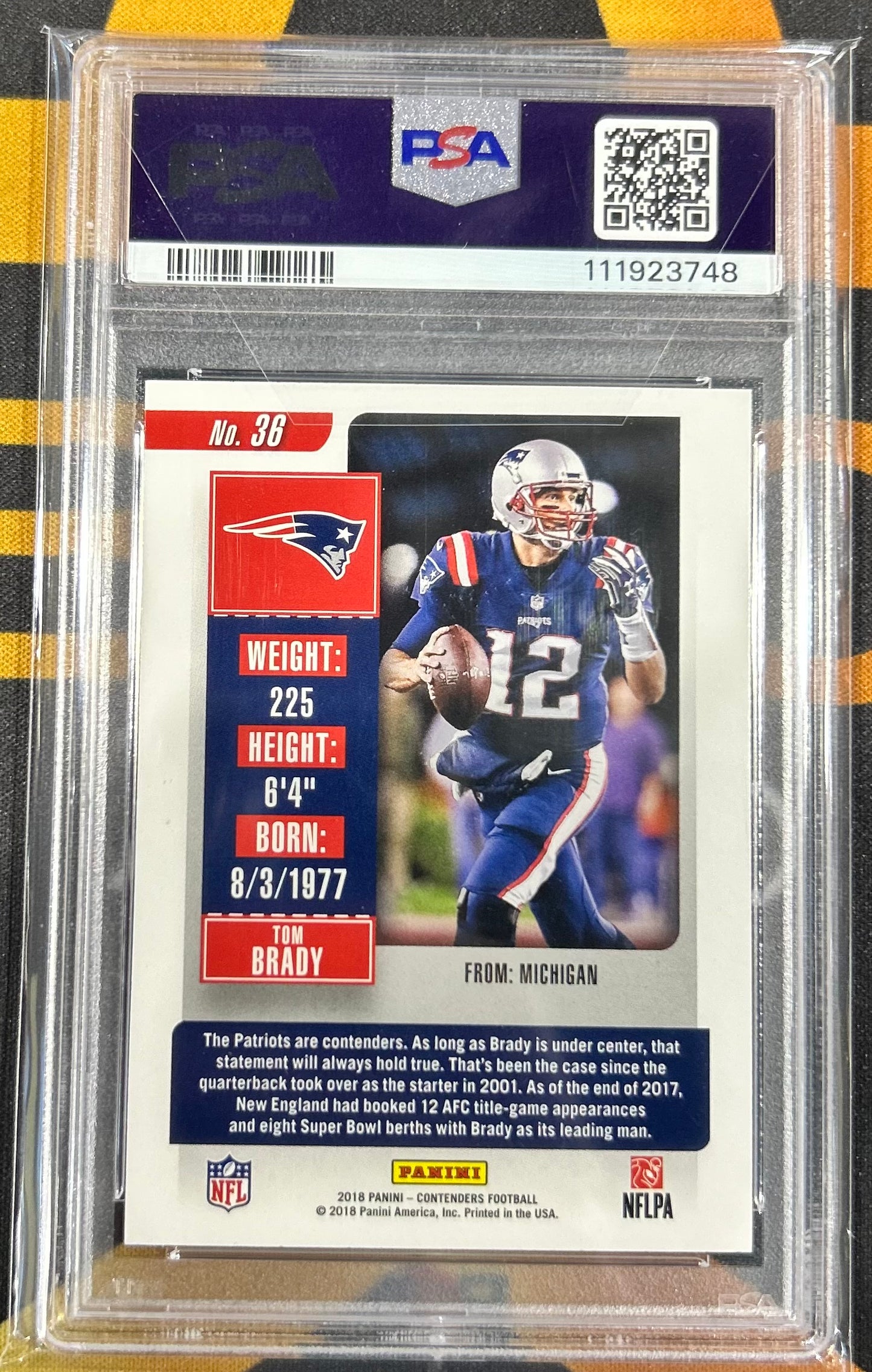 2018 PANINI CONTENDERS TOM BRADY, #36, SEASON TICKET, GRADED PSA GEM MINT 10