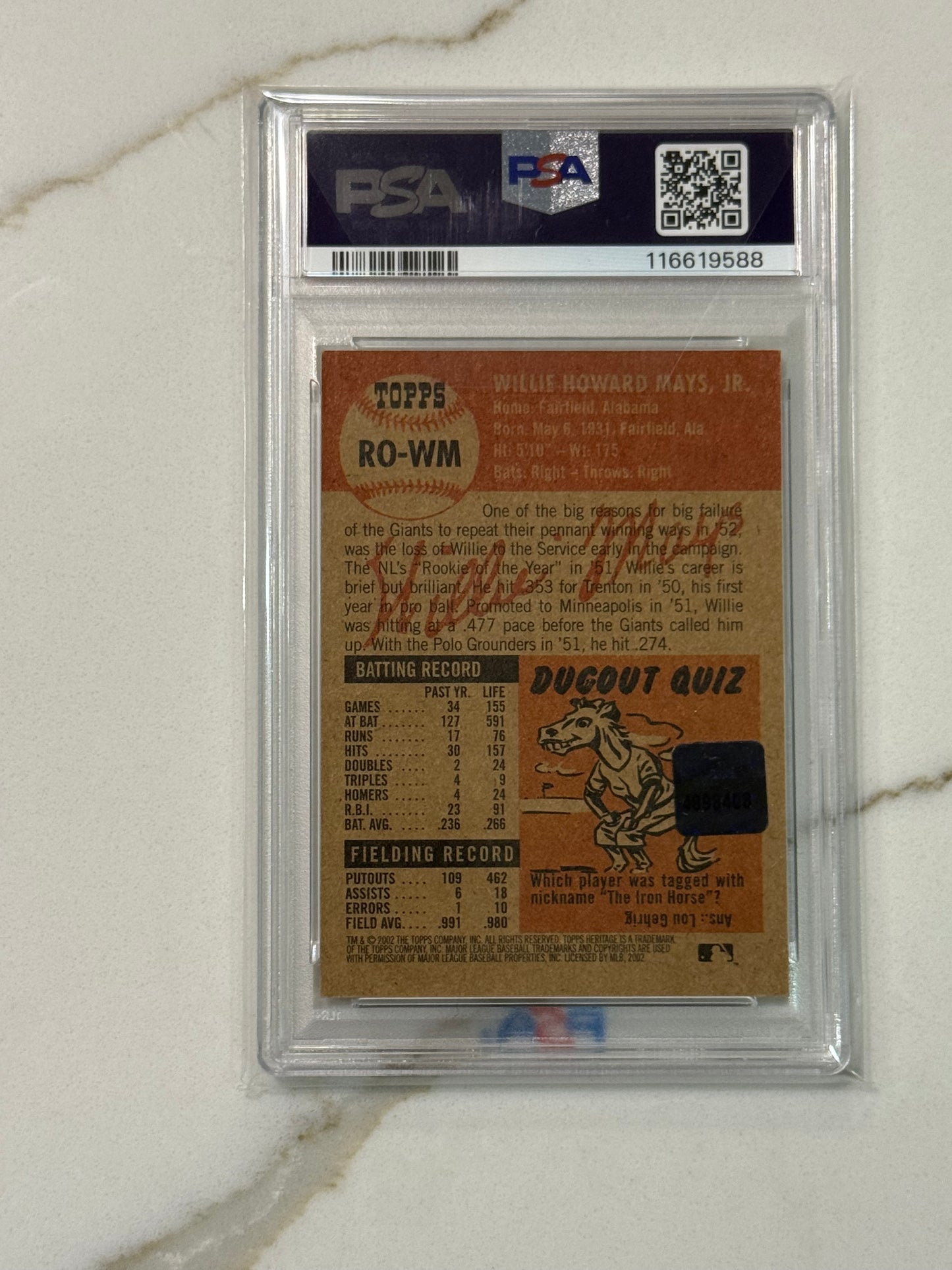 2002 Topps Heritage Real One Willie Mays HOF Autograph Auto PSA 8 auto 8