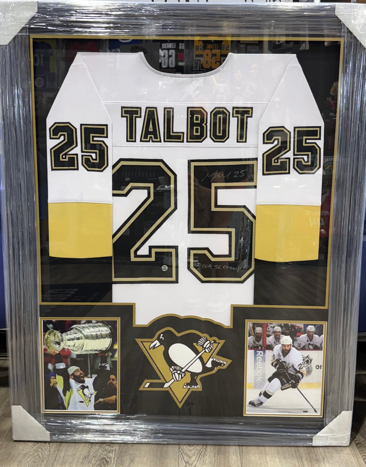 MAX TALBOT SIGNED Framed Custom Jersey White Penguins Clubhouse Cards “2009 SC