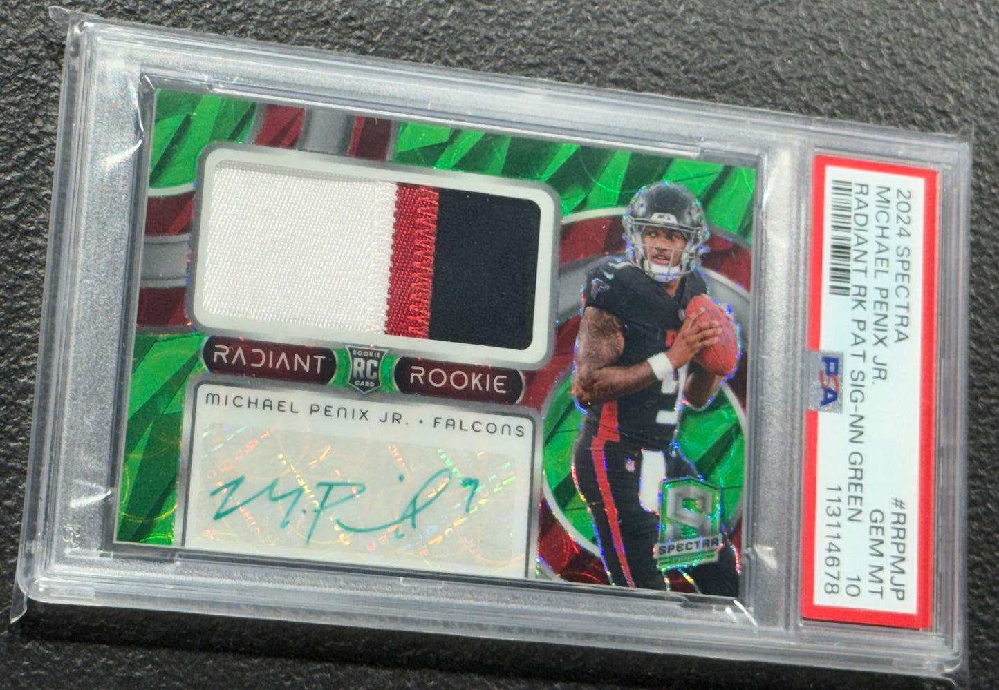 MICHAEL PENIX JR. 2024 SPECTRA RADIANT RPA RC PATCH NEON GREEN AUTO /35 PSA 10