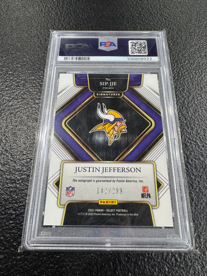 JUSTIN JEFFERSON 2021 SELECT AUTOGRAPH SILVER PRIZM AUTO /299 PSA 9  Vikings