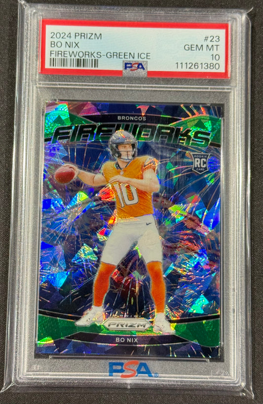 2024 Panini Prizm BO NIX Fireworks Green Ice #23 Rookie RC PSA 10 Denver Broncos