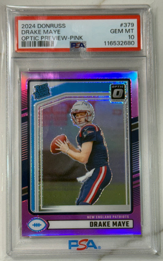 2024 Panini Donruss - Rated Rookie Drake Maye #379 Optic Preview Pink Prizm (RC)