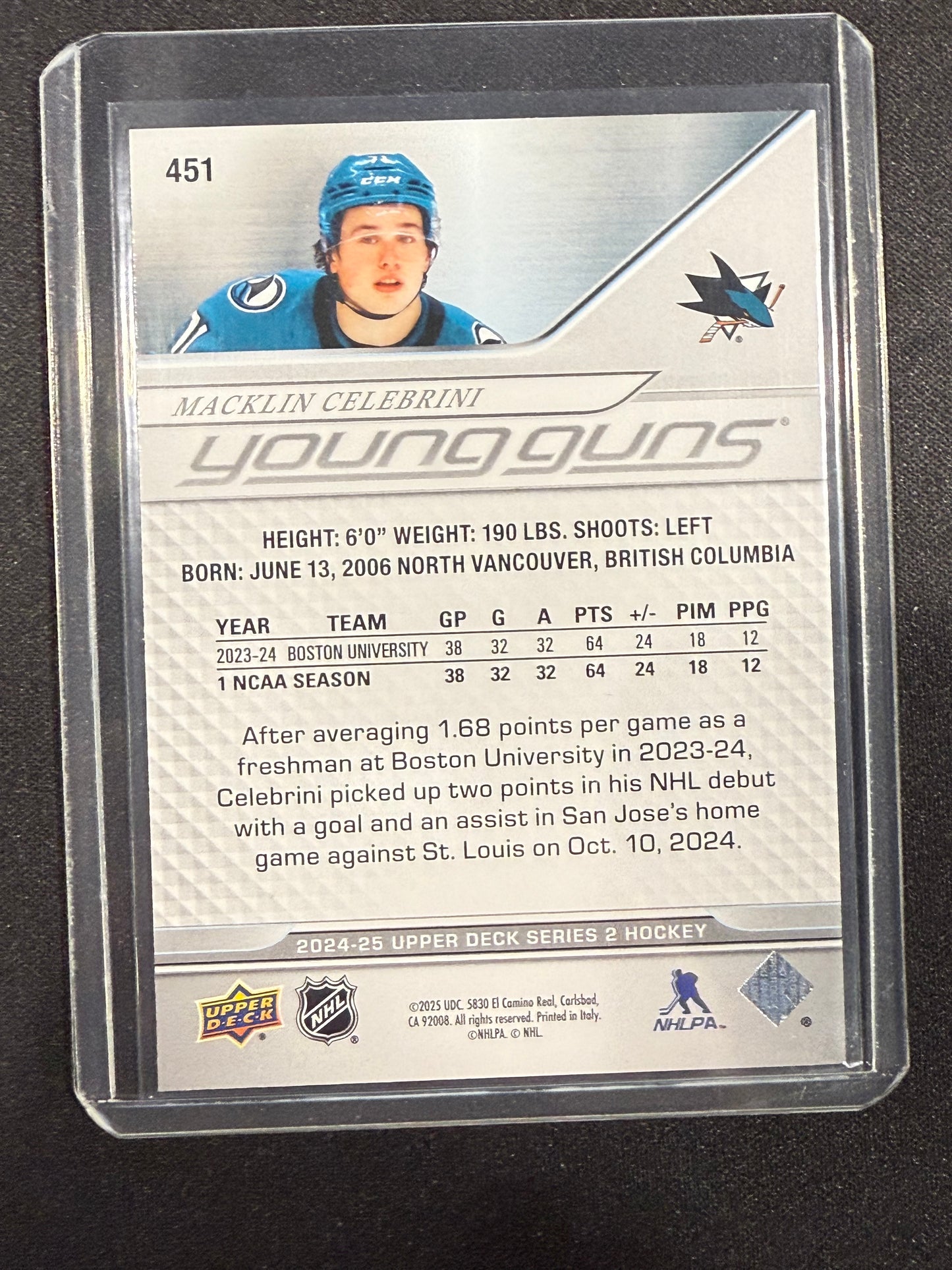 2024-25 Upper Deck Series 2 Macklin Celebrini Young Guns #451 San Jose Sharks