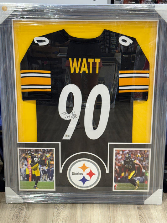 TJ Watt Framed Signed Pittsburgh Steelers Black Custom Jersey Beckett 2 Photo