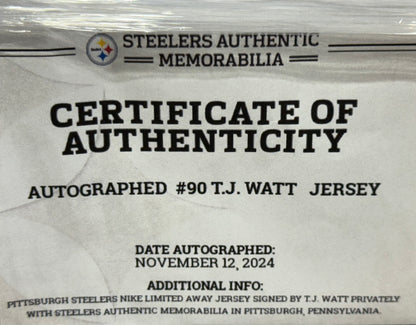 TJ Watt Framed Signed Pittsburgh Steelers White Jersey Steelers COA Nike