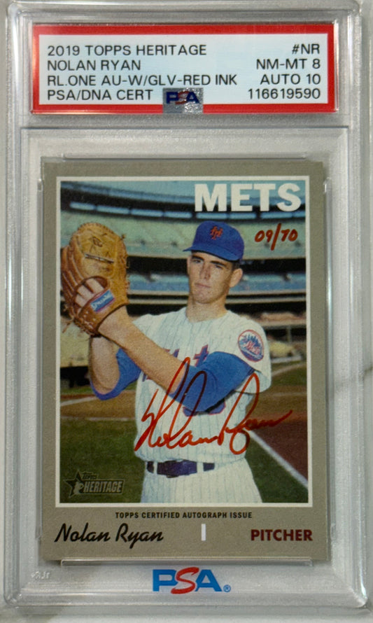 2019 TOPPS HERITAGE REAL ONE AUTO WITH GLOVE-RED INK #NR NOLAN RYAN /70 PSA 8 Auto 10