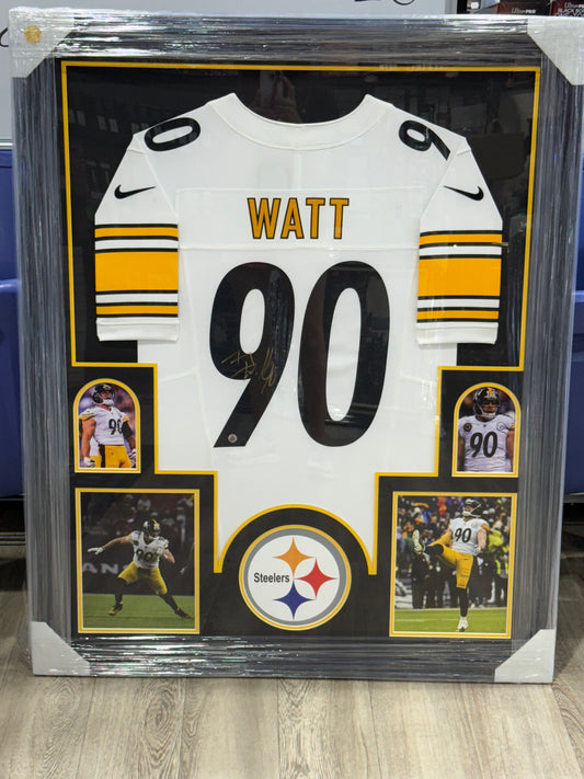 TJ Watt Framed Signed Pittsburgh Steelers White Jersey Steelers COA Nike