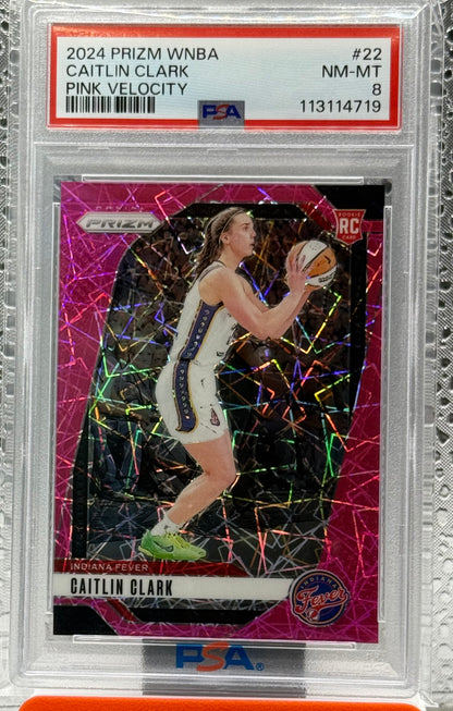 2024 PANINI PRIZM WNBA #22 CAITLIN CLARK PINK VELOCITY RC /79 PSA 8 Indiana Fever