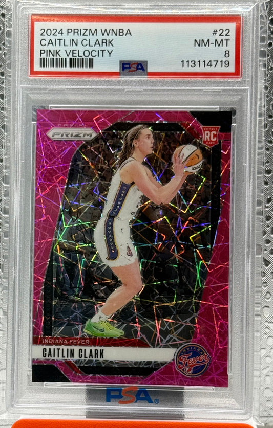 2024 PANINI PRIZM WNBA #22 CAITLIN CLARK PINK VELOCITY RC /79 PSA 8 Indiana Fever