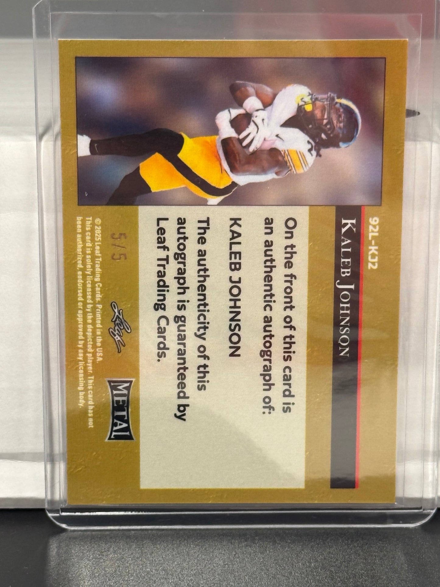 Kaleb Johnson 2025 Leaf Metal SP Rookie Auto Pittsburgh Steelers RB 5/5