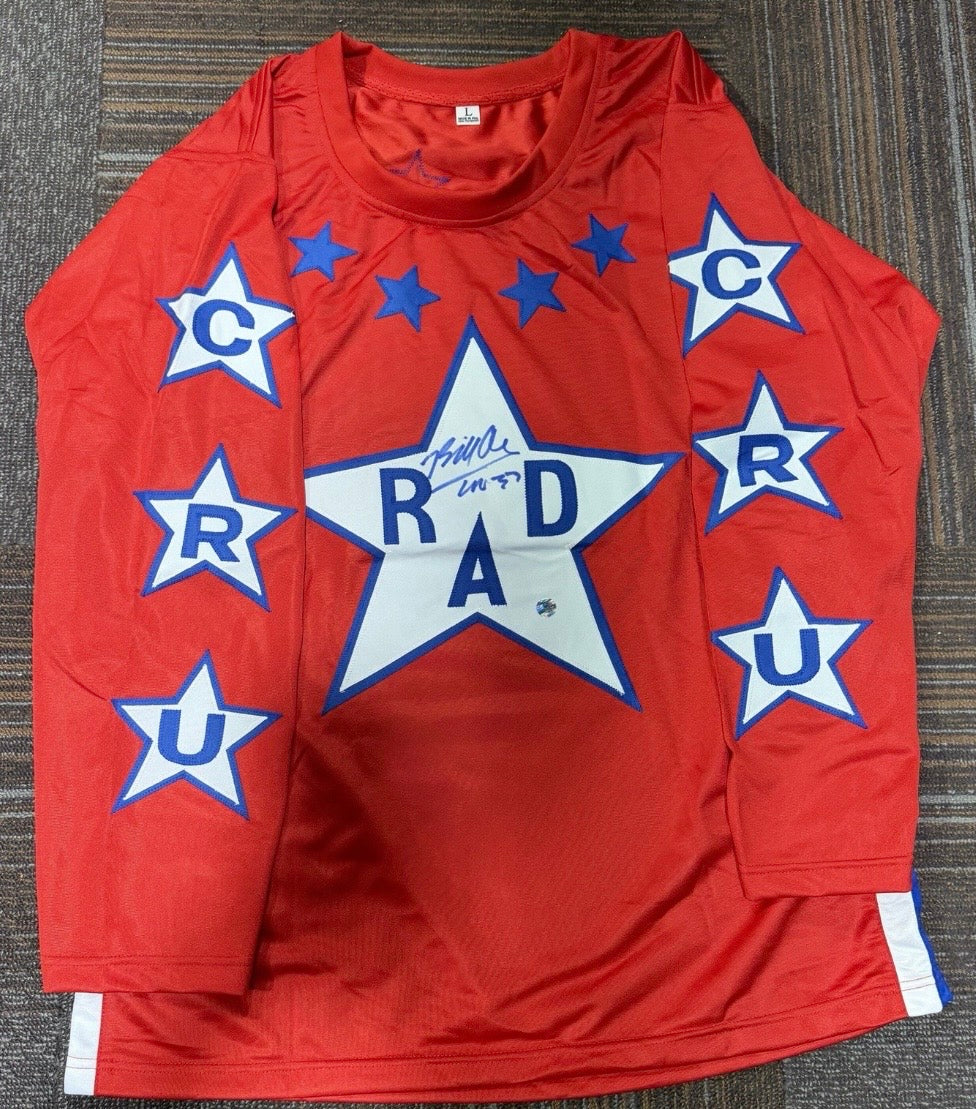 Bill Allen Cru Jones SIGNED RAD Racing Movie Jersey Clubhouse Card COA Large Blue