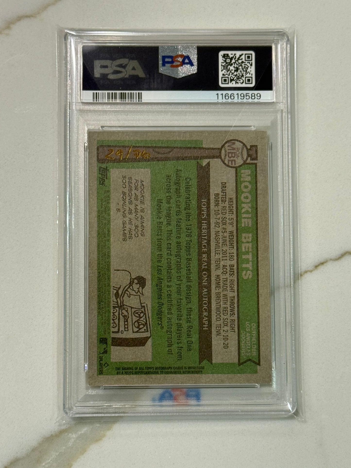 2025 Topps Heritage Mookie Betts Real One Auto Red Ink /76 Dodgers Psa 8 Auto 10
