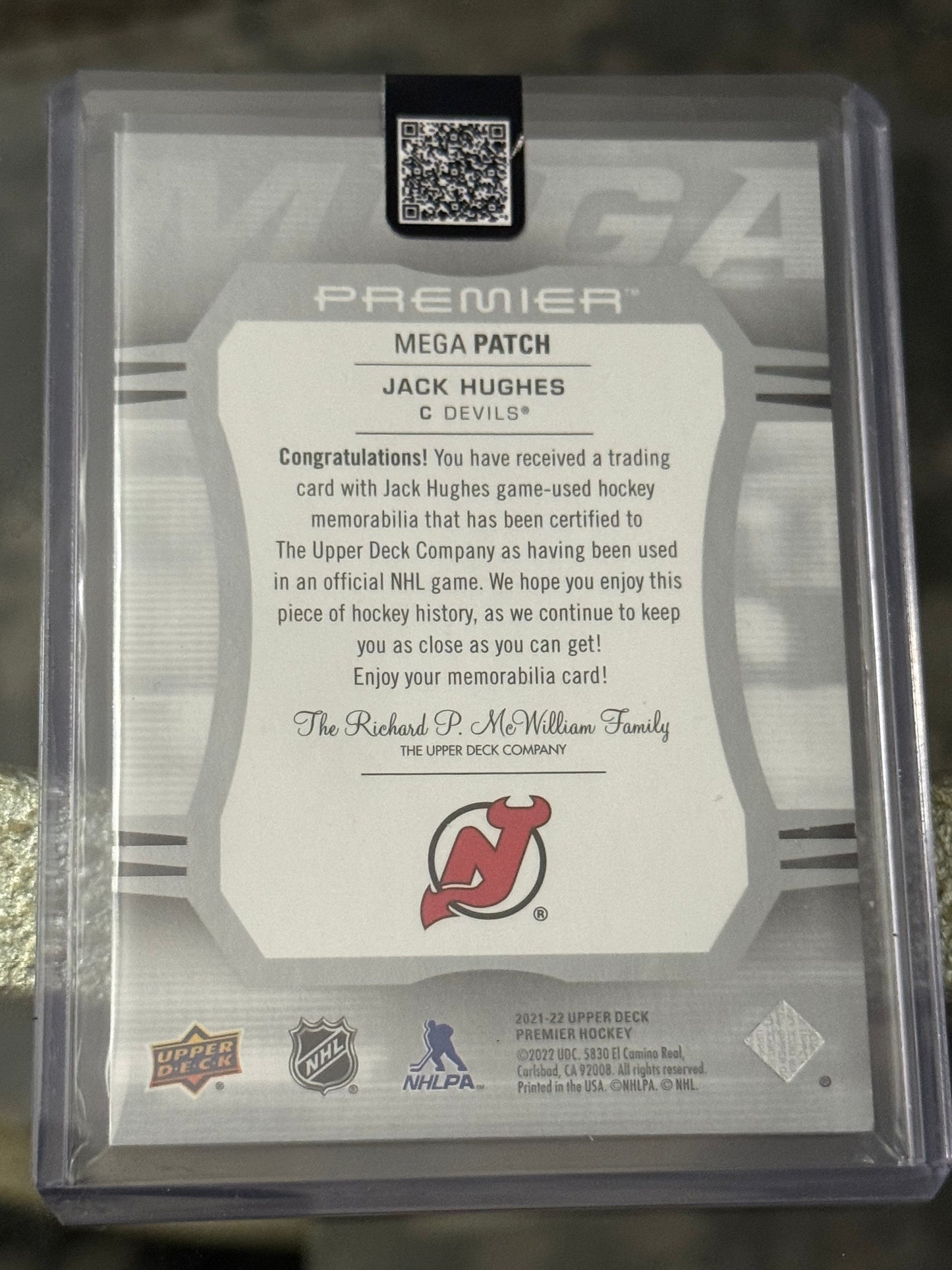 2021-22 Upper Deck Premier Mega Patch JACK HUGHES /30 CHEST LOGO