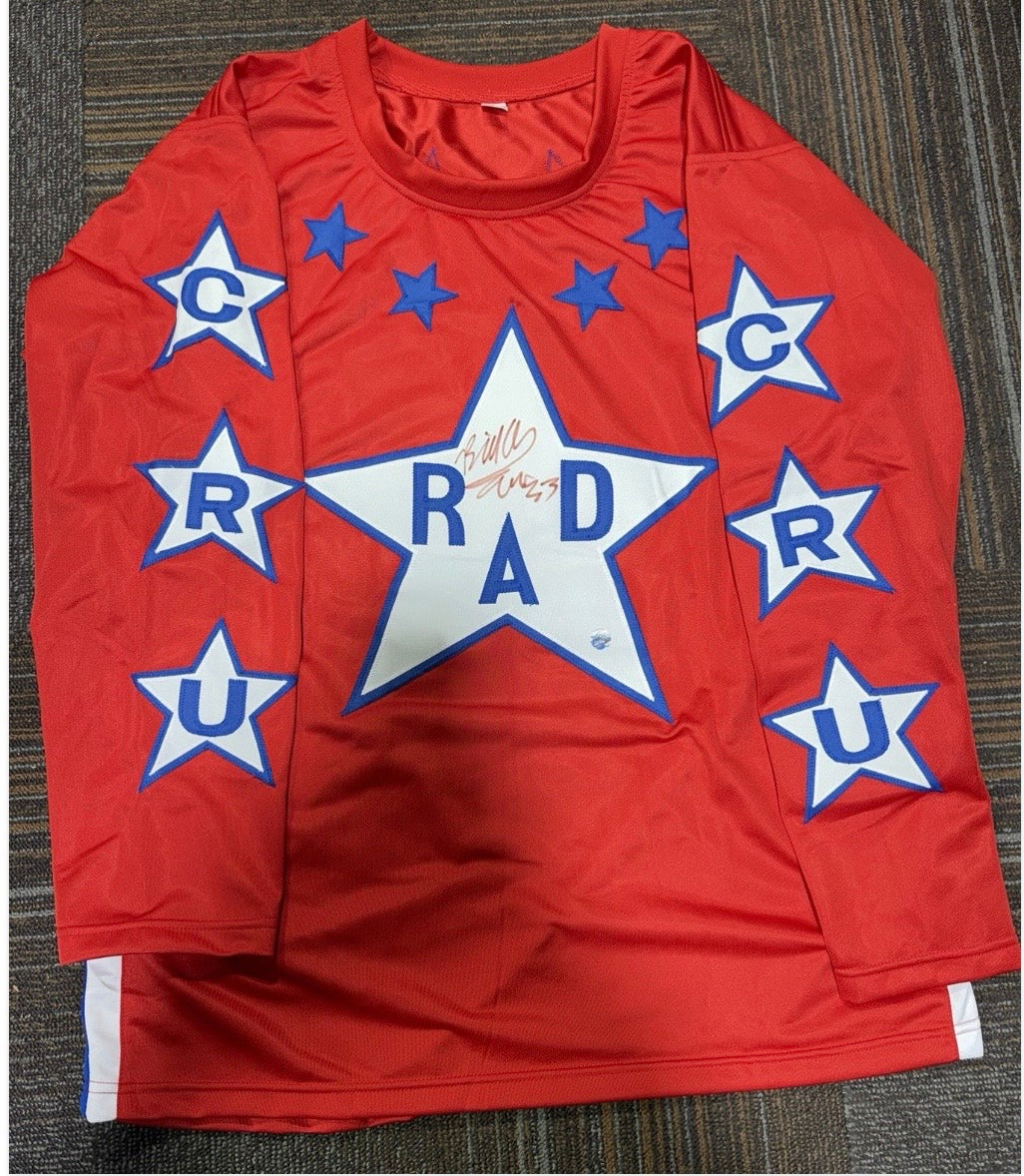 Bill Allen Cru Jones SIGNED RAD Racing Movie Jersey Clubhouse Card COA Large Red