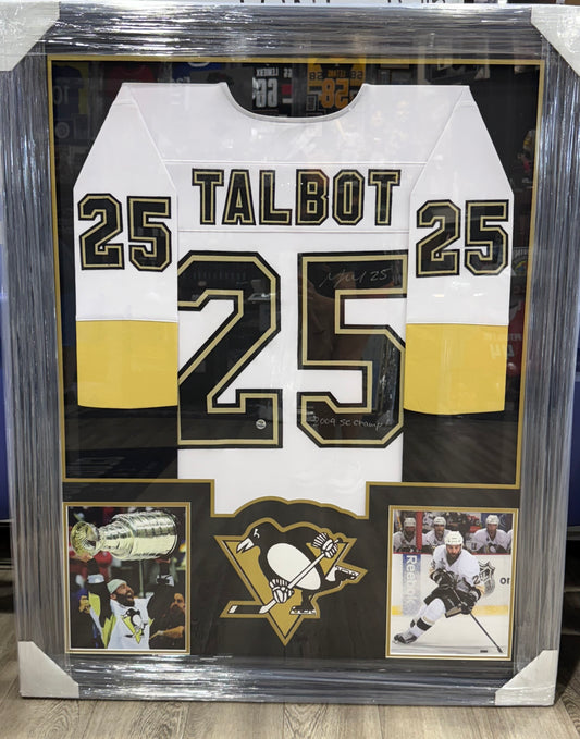 MAX TALBOT SIGNED Framed Custom Jersey White Penguins Clubhouse Cards “2009 SC