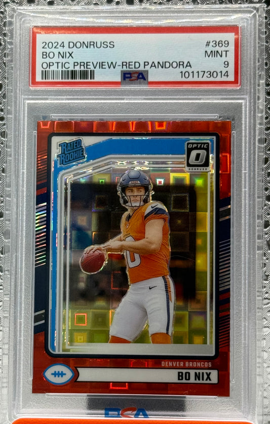2024 Donruss Bo Nix Optic Preview Red Pandora Rated Rookie PSA 9 Broncos RC