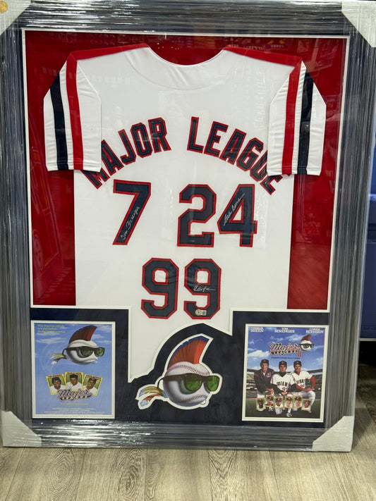 MAJOR LEAGUE MOVIE CAST AUTOGRAPHED WHITE JERSEY 3 SIGS SHEEN BECKETT Framed