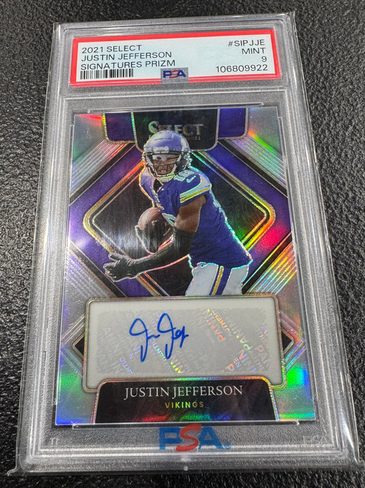 JUSTIN JEFFERSON 2021 SELECT AUTOGRAPH SILVER PRIZM AUTO /299 PSA 9  Vikings
