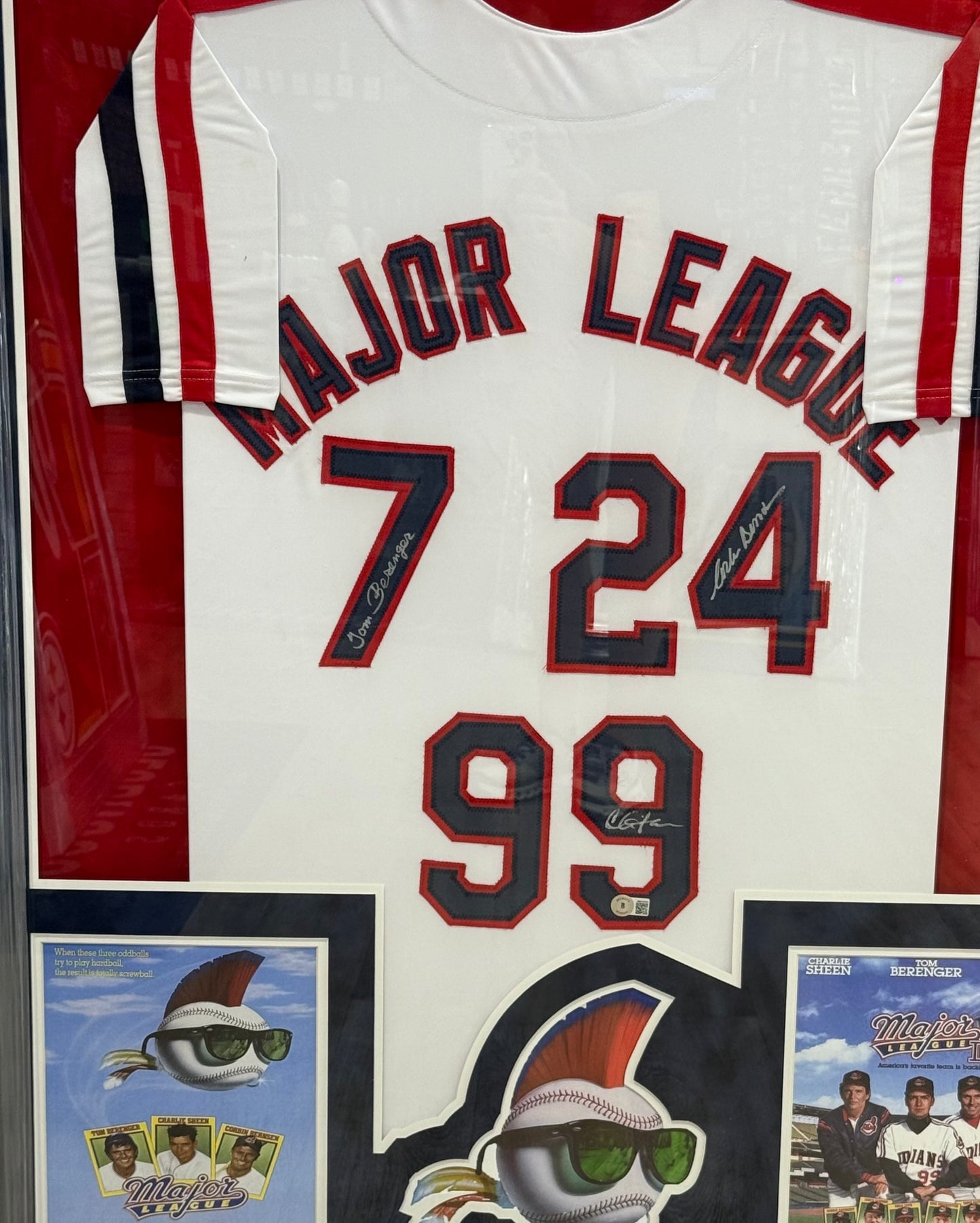 MAJOR LEAGUE MOVIE CAST AUTOGRAPHED WHITE JERSEY 3 SIGS SHEEN BECKETT Framed