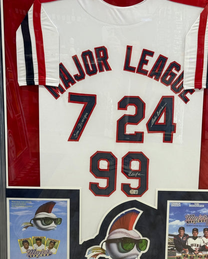 MAJOR LEAGUE MOVIE CAST AUTOGRAPHED WHITE JERSEY 3 SIGS SHEEN BECKETT Framed