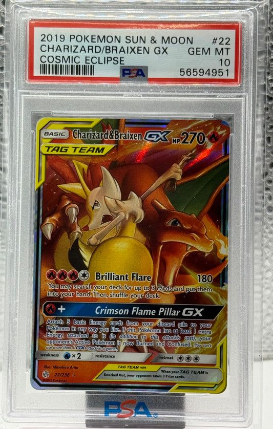 2019 Pokemon Sun & Moon Cosmic Eclipse Charizard & Braixen GX 22/136 PSA 10 GEM