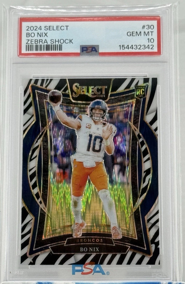 2024 Panini Select Bo Nix Zebra Shock RC PSA 10 Denver Broncos