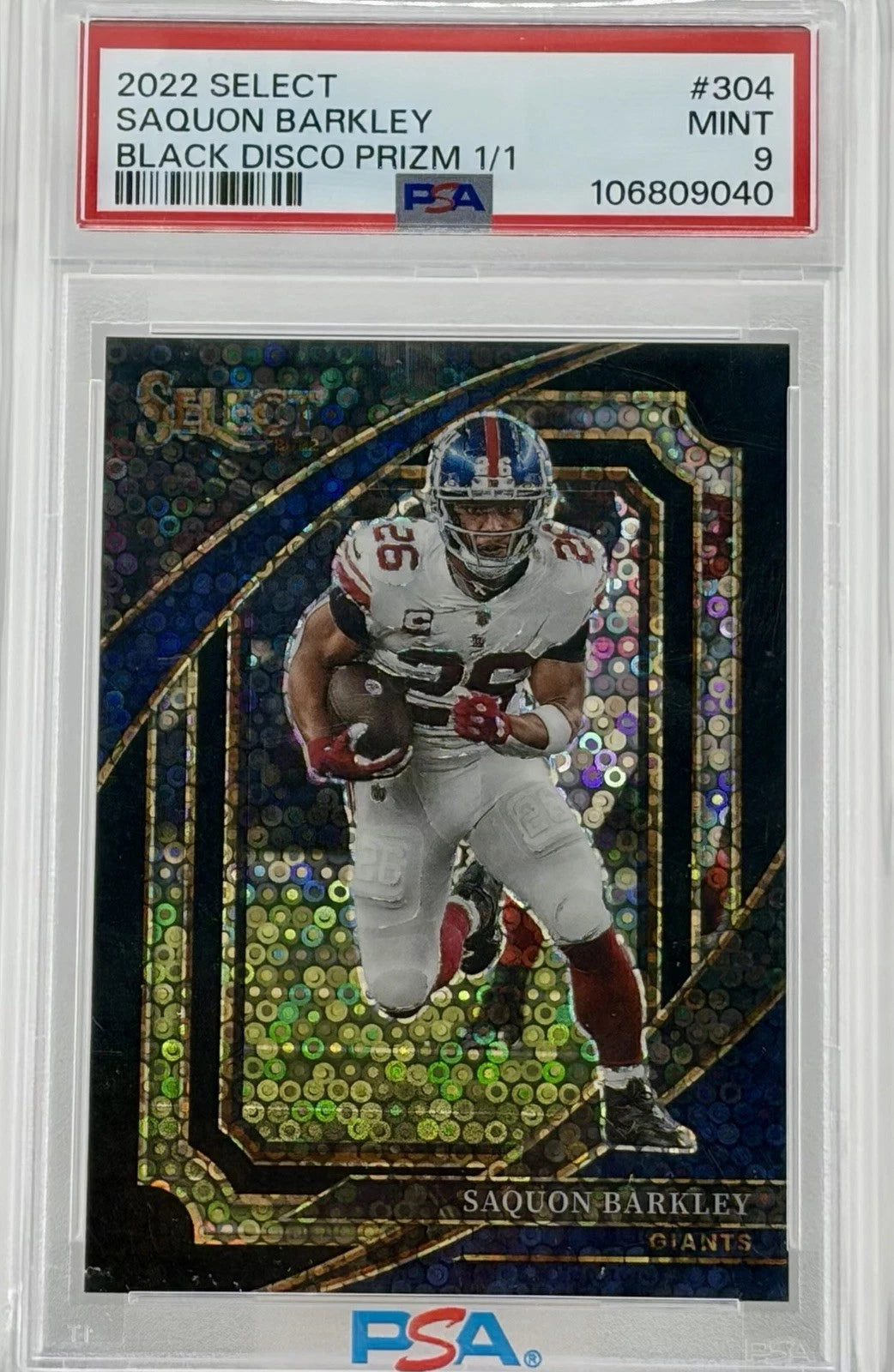 2022 Select Saquon Barkley Black Disco Prizm 1/1 PSA 9